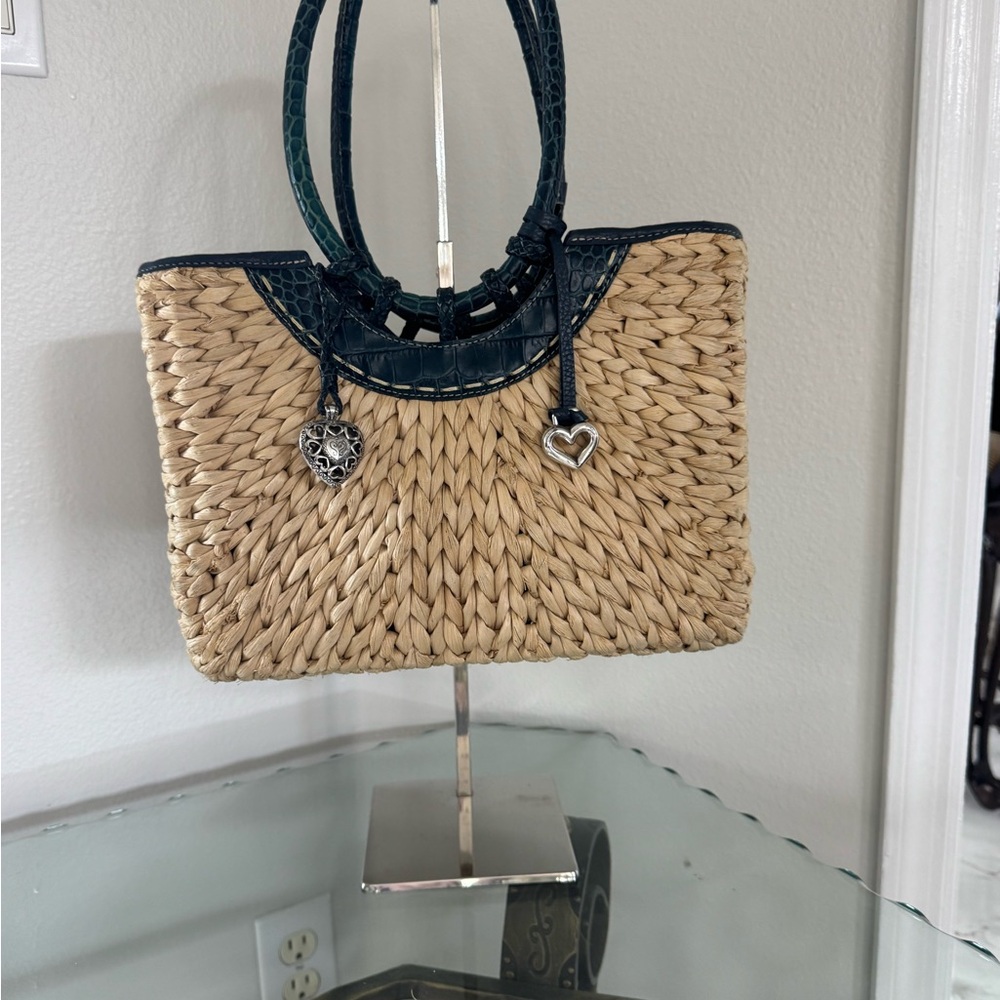 BRIGHTON Woven Jute Straw Tote with Blue-Green Croc Print Leather Trim EUC